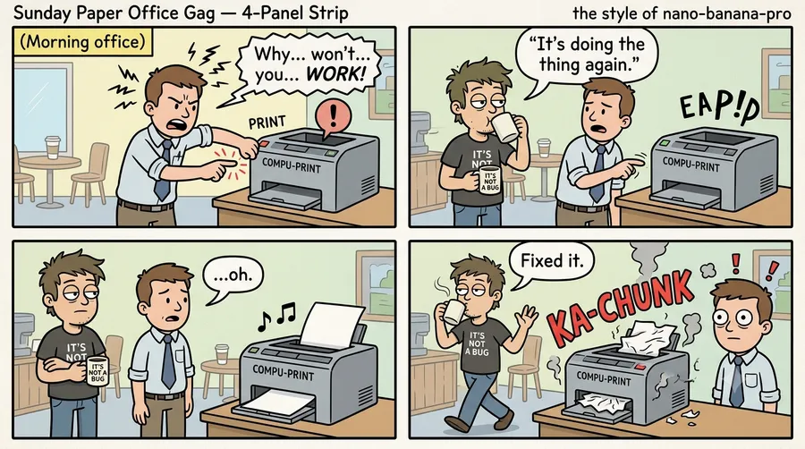 Sunday Paper Office Gag — 4-Panel Strip — AI-generated American Comic preview