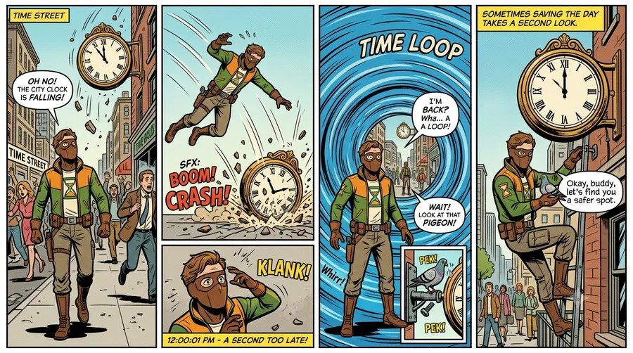 Time Loop Hero — 4-Panel Comic Strip — AI-generated American Comic preview