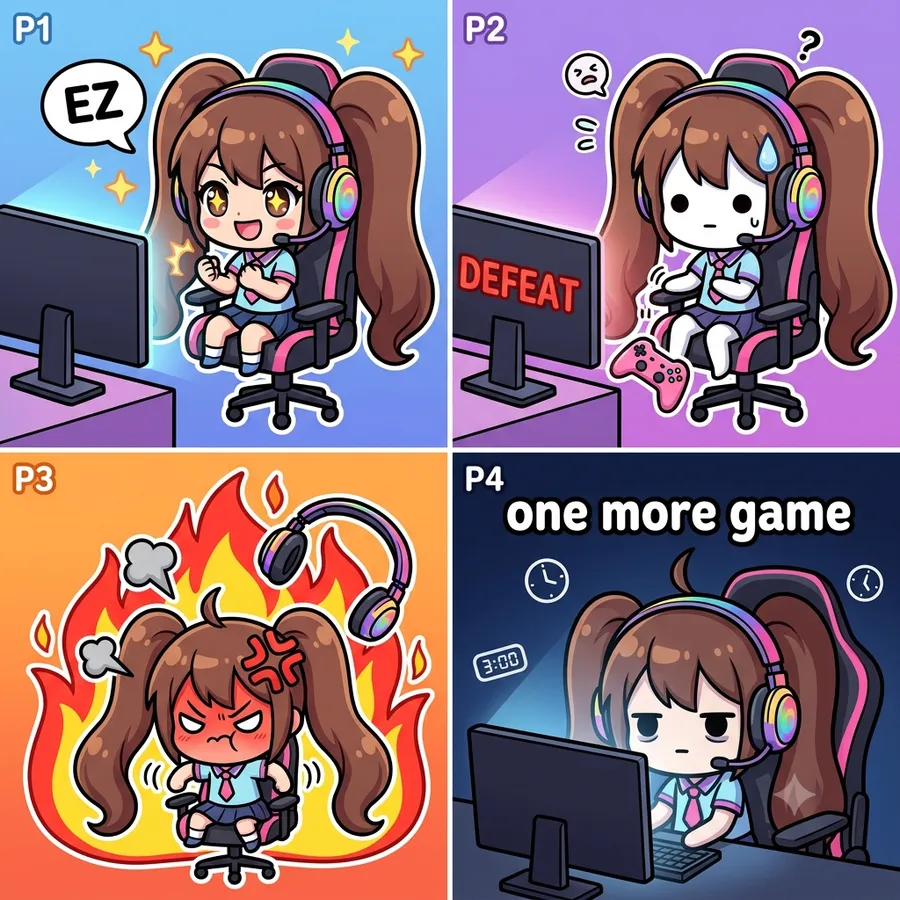 Chibi Gamer Rage Quit — 4-Panel Gag — AI-generated Chibi & Cute preview