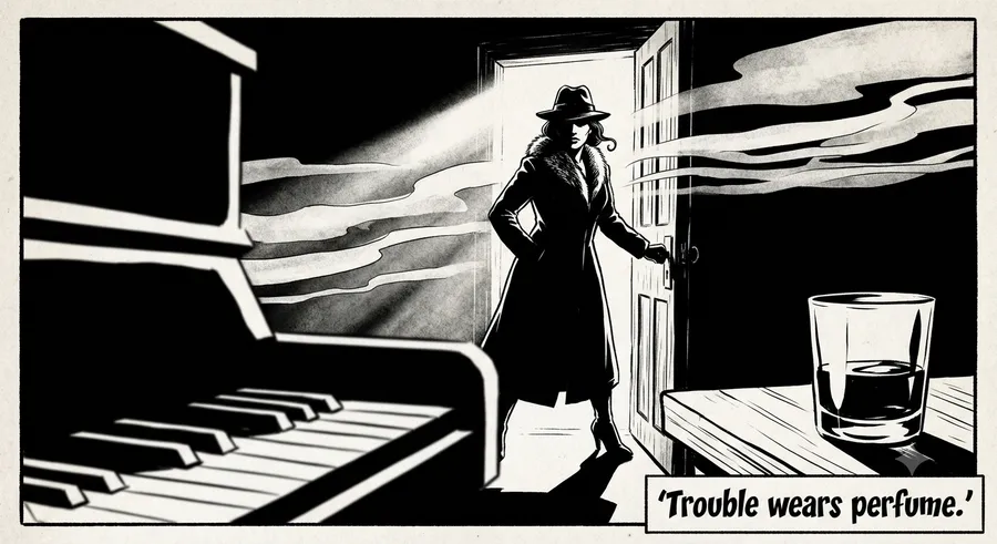 Femme Fatale Entrance — Noir Splash — AI-generated Manga Noir preview