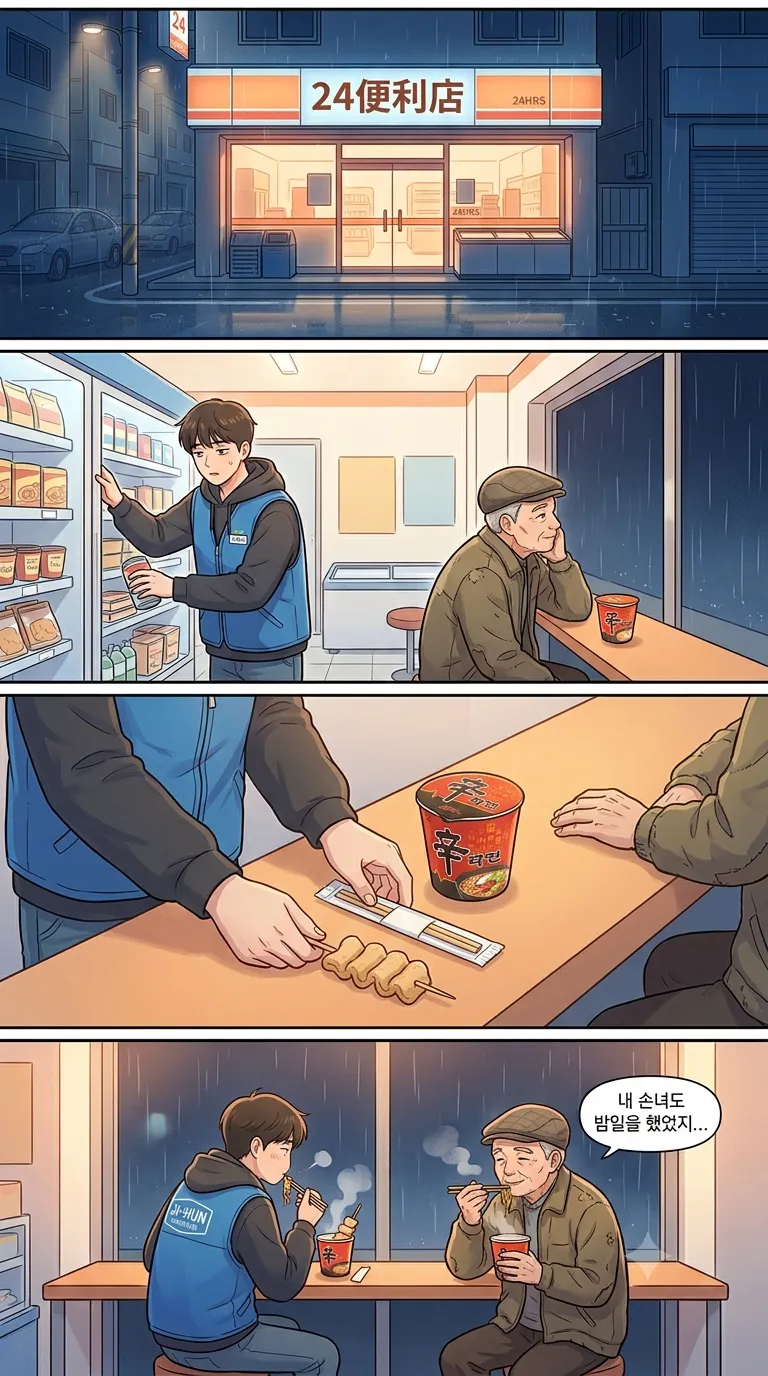 Midnight Convenience Store — Webtoon 4-Panel — AI-generated Webtoon / Vertical Scroll preview